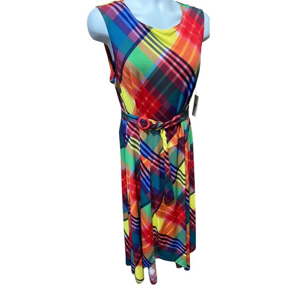 Chaus Womens Midi Belted Dress XL Sleeveless Plaid Fit Flare Academia Preppy